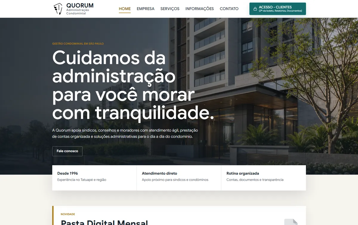 Site da Quorum Administradora de Condomínios